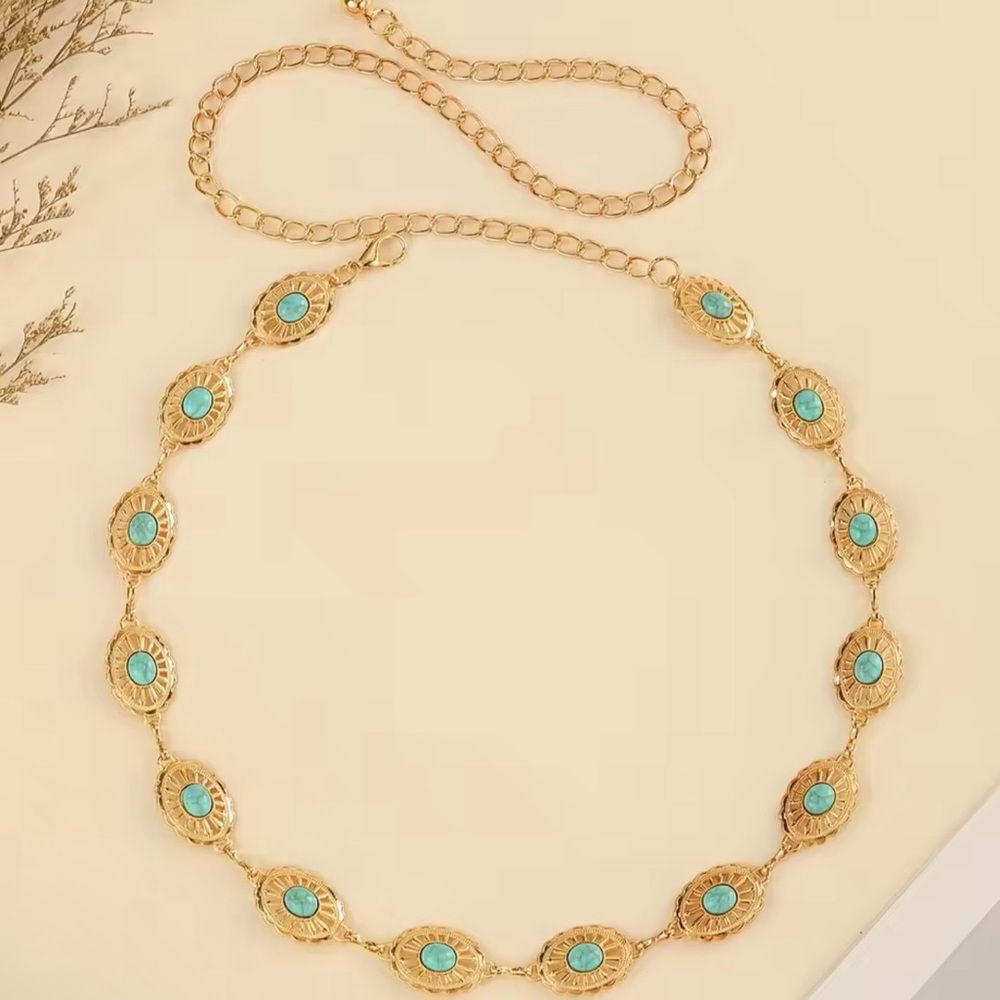 Boho Gold Turquoise Chain Belt New Hollow Bohemian Style Waist Chain - Picture 2 of 3